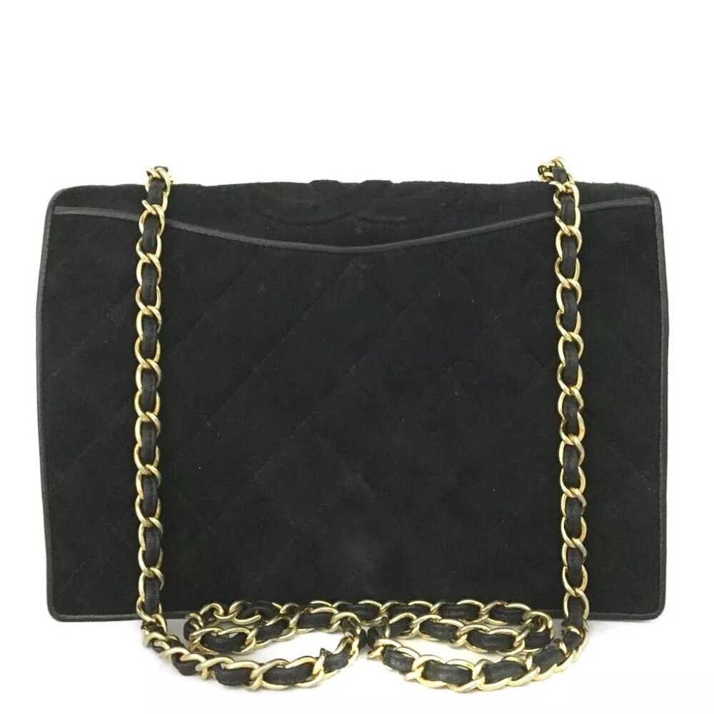 CHANEL Quilted Matelasse CC Logo Suede Leather Chain Shoulder Bag Black